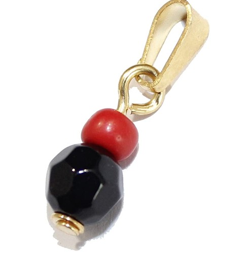 "Azabache With Coral Pendant. 14 K Gold Plated -3/4"" Long-"