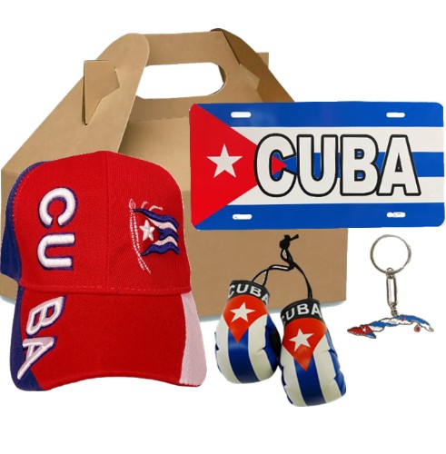 Cuban Flag Kit. Cap, Key RIng Mini Boxing and plate