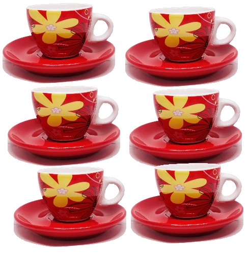 Demitasse Cup Set  In Red with Flowers 12 Pieces
