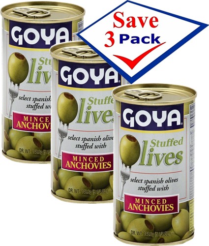 Goya Anchovies stuffed Spanish olives. 5.25 oz Pack of 3