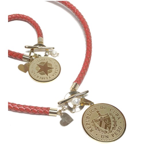 Orange Leather  Necklace and Bracelet Set with 1 Peso Coin