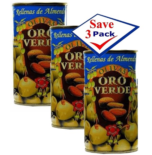 Oro Verde Olives Stuffed with Almond. Imported from Spain 12 oz Pack of 3