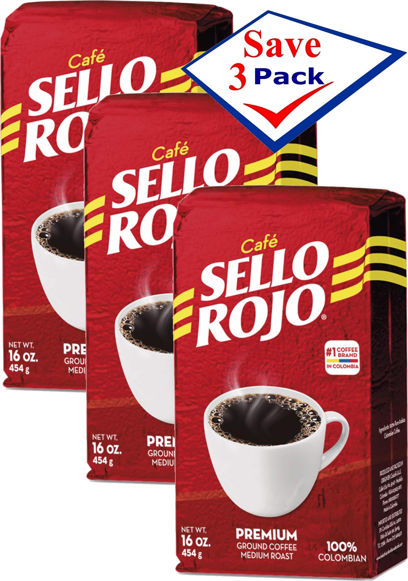 Cafe Sello Rojo Medium Roast 16 oz Colombian Coffee Pack Of 3