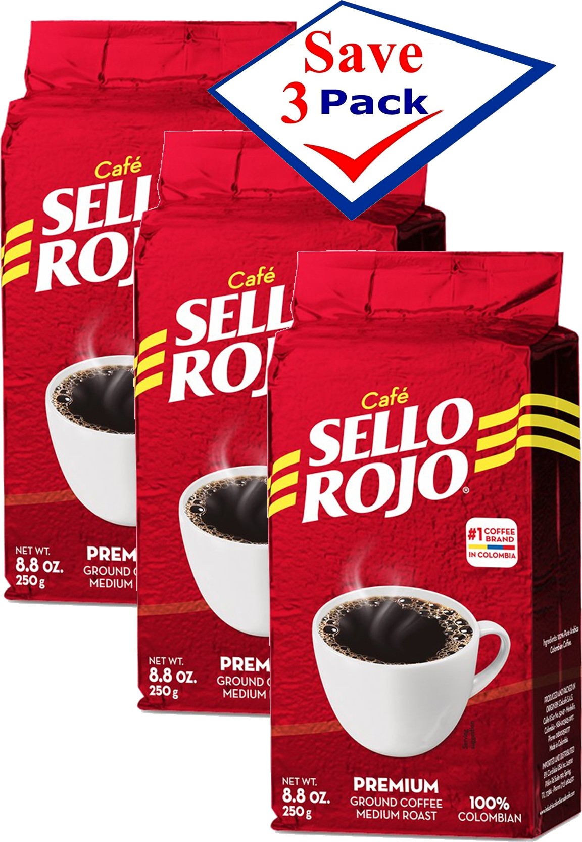 Cafe Sello Rojo Medium Roast 8.8 oz Colombian Coffee Pack Of 3