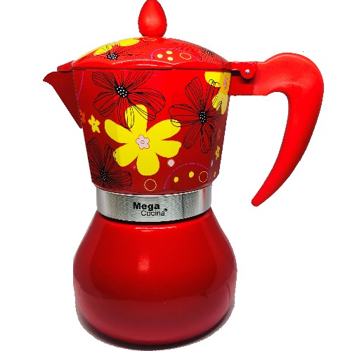 Mega Cocina Coffee Maker in Red with Flower 3 cups