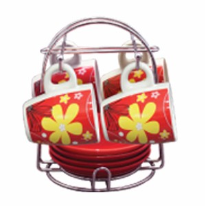 Demitasse Cup Set with Stand In Red with Flowers 9 Pieces