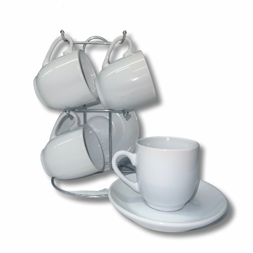 Demitasse Set with Chromed Rack in White. 9 Pieces