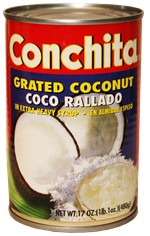 Grated coconut in syrup by Conchita.  17 oz