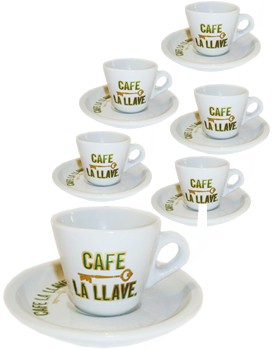 Cafe La Llave set of 6 demitasse cups with matching plates.