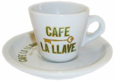 Ceramic demitasse cup with Cafe La Llave logo. Commercial quality