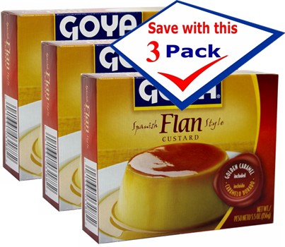 Goya flan with caramel included. 8 servings. 5.5 oz Pack of 3