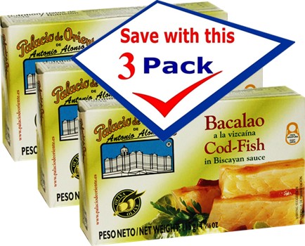 Bacalao a la Vizcaina Palacio De Oriente  (Codfish) Vizcaine style from Spain. 4 Oz Pack of 3