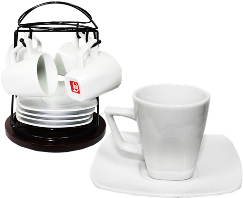 Demitasse Set with Chromed Metal Rack. 4 Cups and Saucers