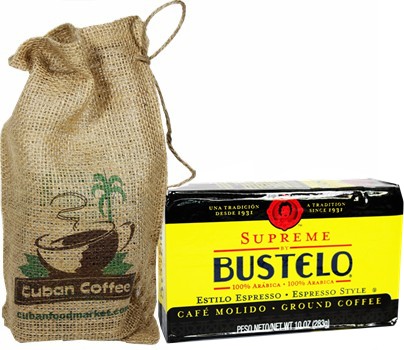 Bustelo Gourmet Ground Coffee. 10 oz vac pack in a decorated burlap bag