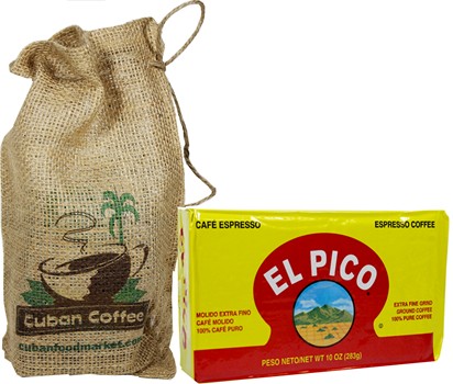 El Pico Cuban Coffee 10 Oz in a decorated burlap bag