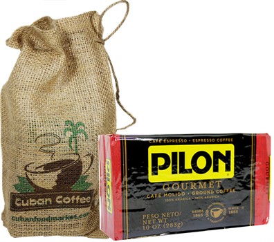 Pilon Gourmet Ground Coffee. 10 oz vac pack  in a decorated burlap bag