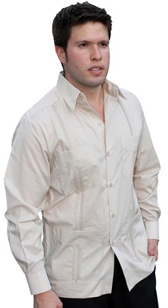 Cuban Style Guayabera Shirt for Men, Traditional Cut -Long Sleeve, Polycotton Fabric-